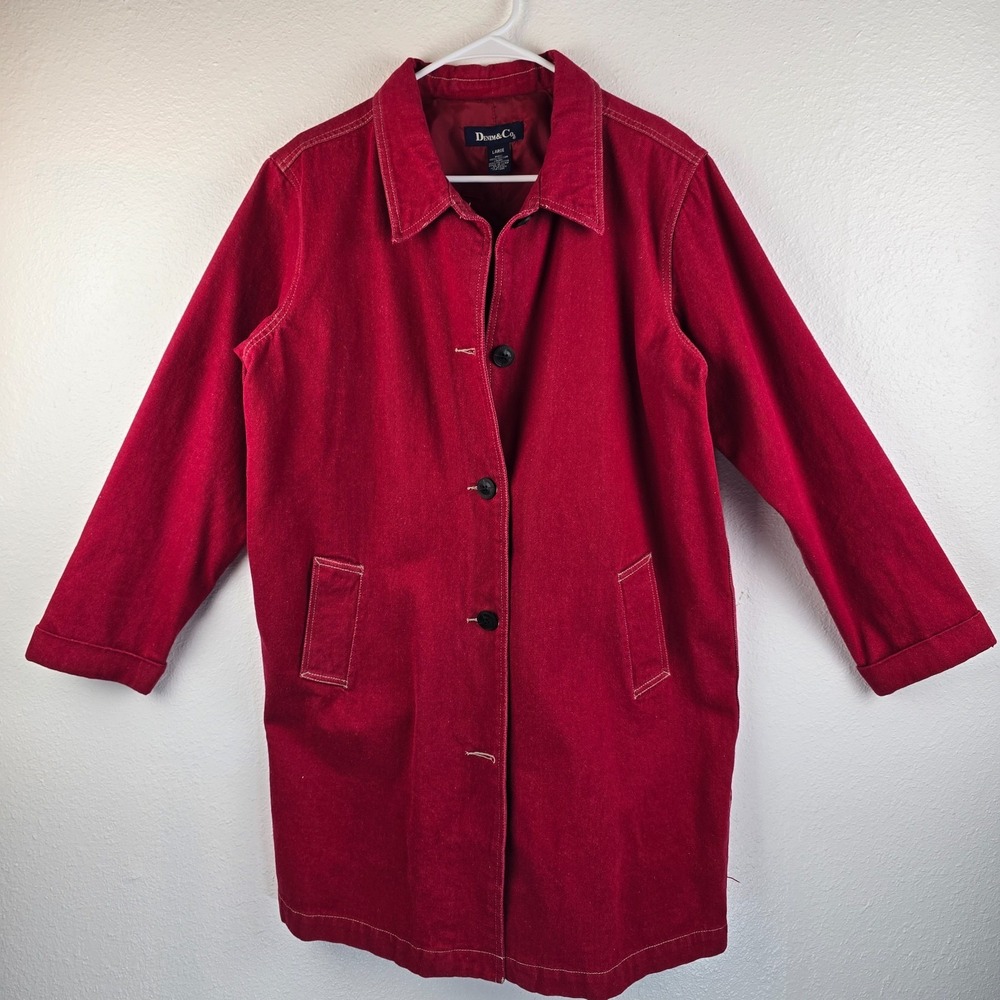Denim & Co Jacket Womens Large Red Cotton Vented Casual Long Sleeve Button Front